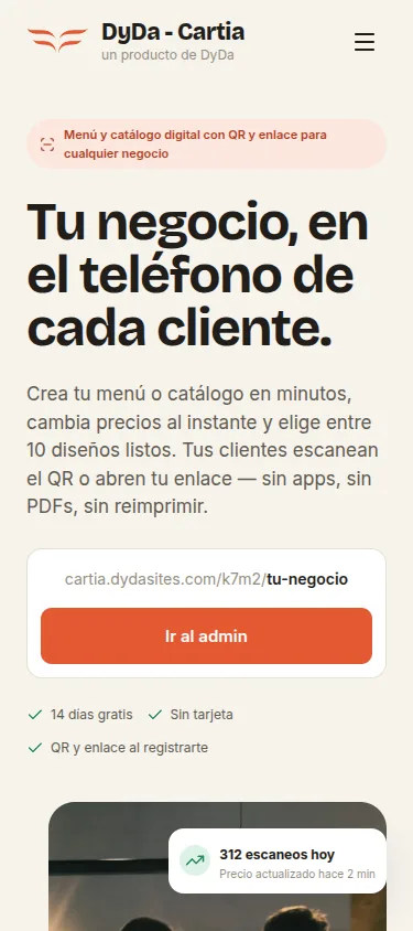 Menú de Cartía en el celular